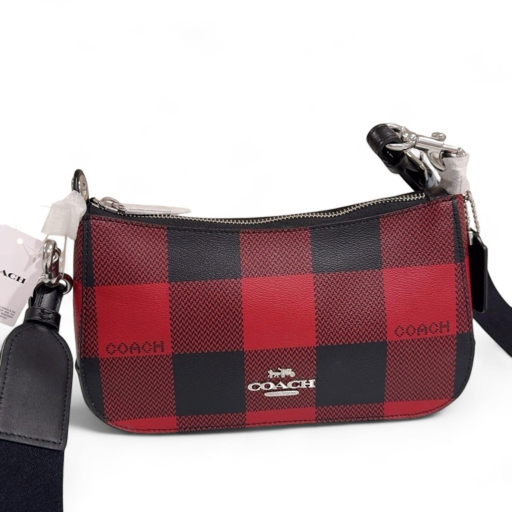 COACH Jes Baguette With Buffalo Plaid Purse Crossbody Bag Red/Black